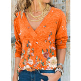 V-neck Flower Print Long-sleeved T-shirt